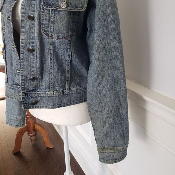 Vintage MED Denim Jean Biker Jacket UK Flag Rock & Roll Boho Retro Indie Grunge - Picture 8 of 16